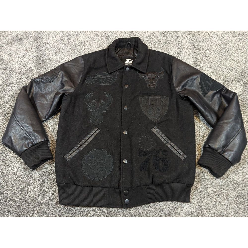 Starter Black Label Jacket Mens Large NBA Varsity Bomber Lakers Bucks Bulls Jazz